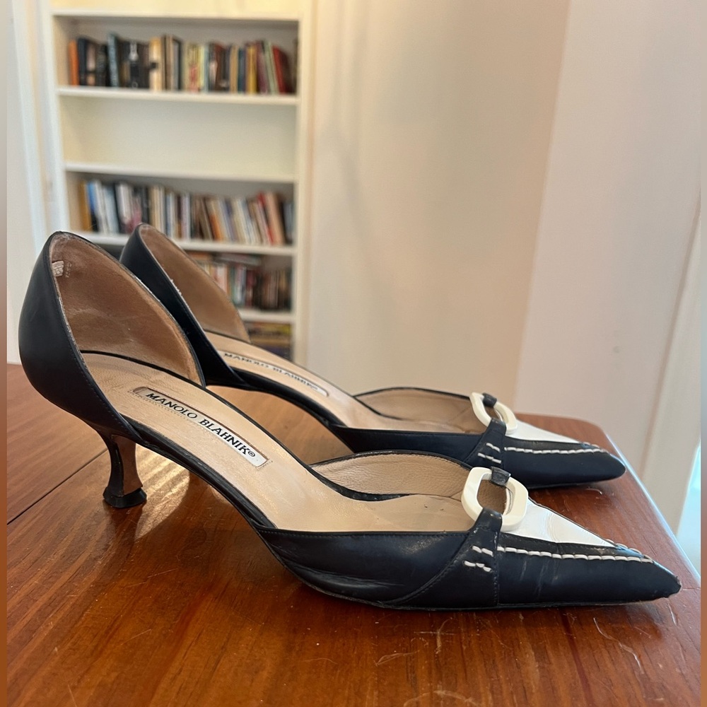 Manolo Blahnik Blue and White Pointed Toe Heels - Picture 3 of 6